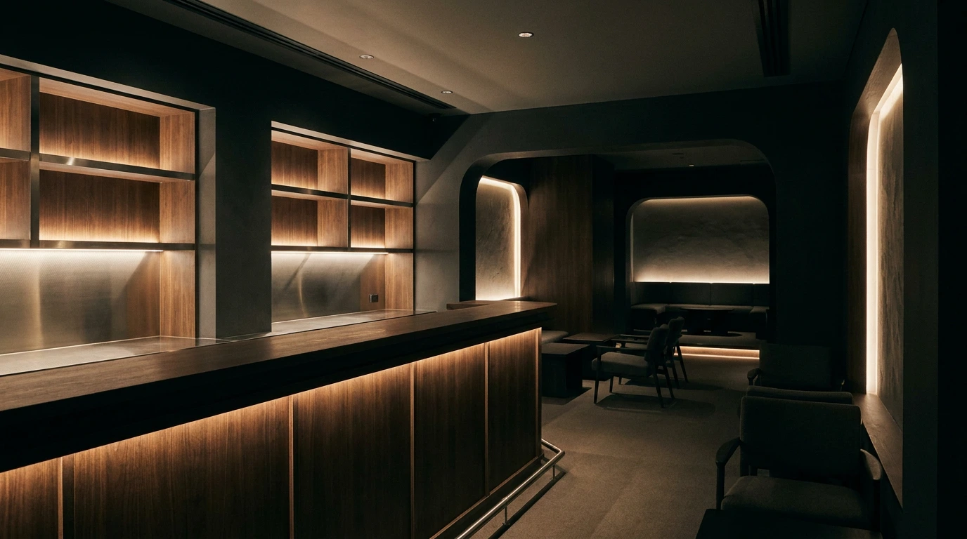 The long dark bar at Cruise Club Cairns with backlit timber shelving and softly lit seating beyond