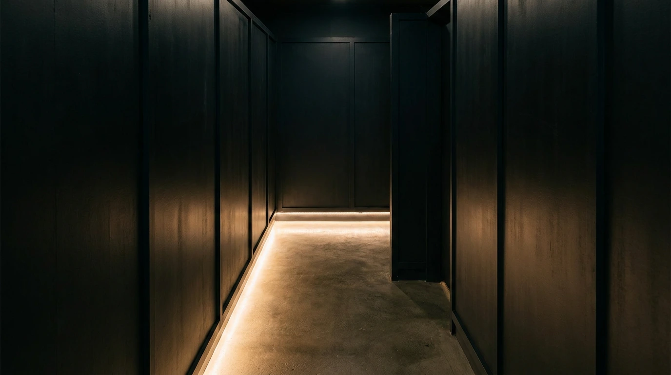 A narrow, dark timber-panelled passage with floor-level strip lighting, turning sharply out of view.